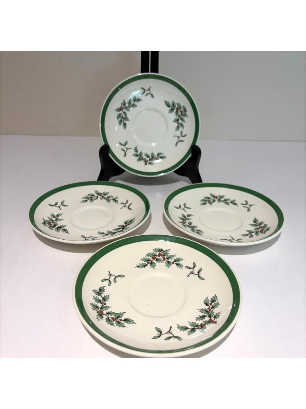 Vintage Spode England Christmas Tree 5.5" Saucer Green Rim S3324-P Set of 4 EUC